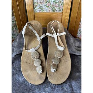 VIONIC Womens Lizbeth T-Strap Leather Orthotic Sandal-White Metallic Size 9